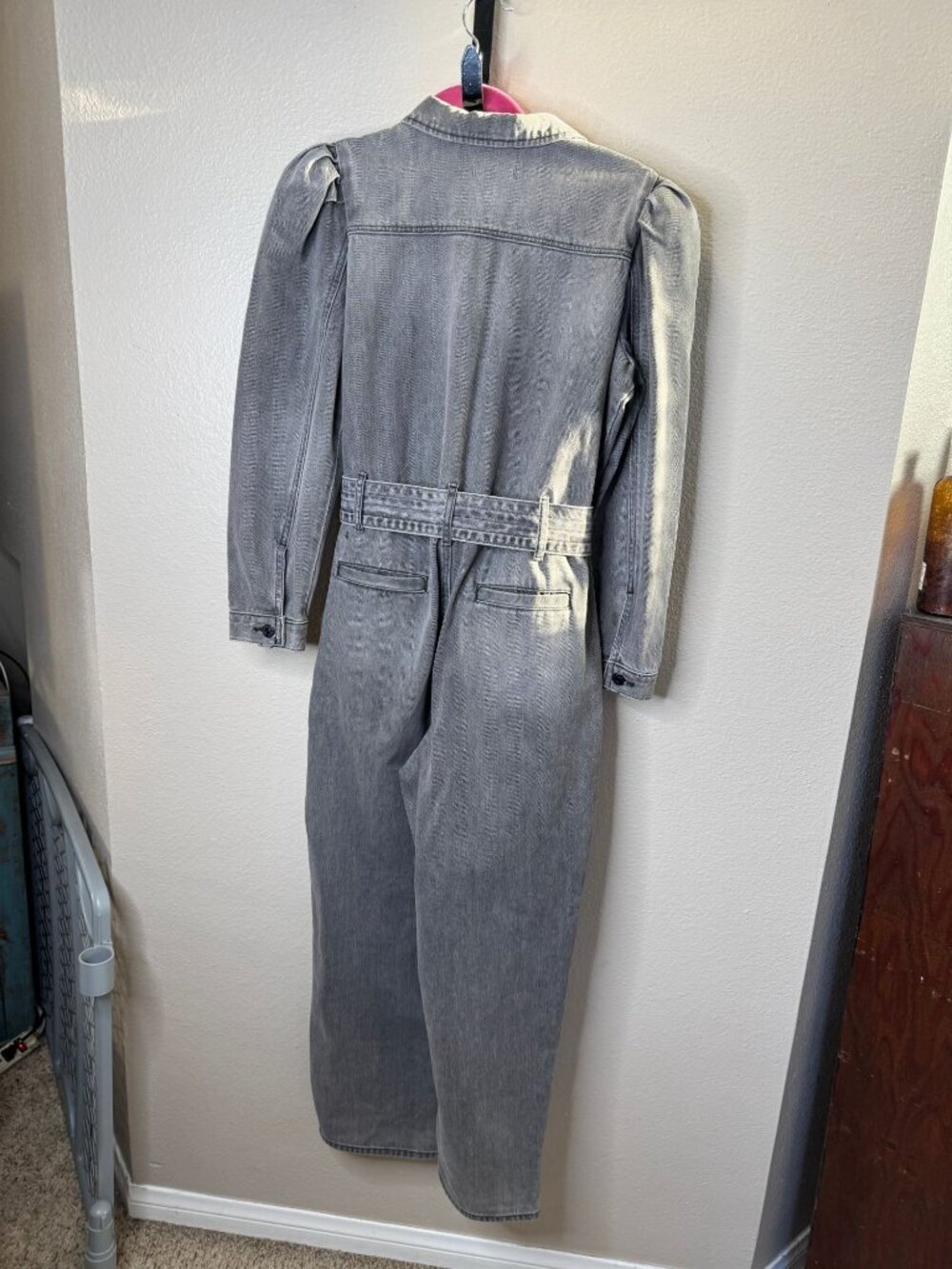 Express Womens Gray Denim Jumpsuit Size 12 Long Sleeve Collared Button-Up Belted - Picture 5 of 7